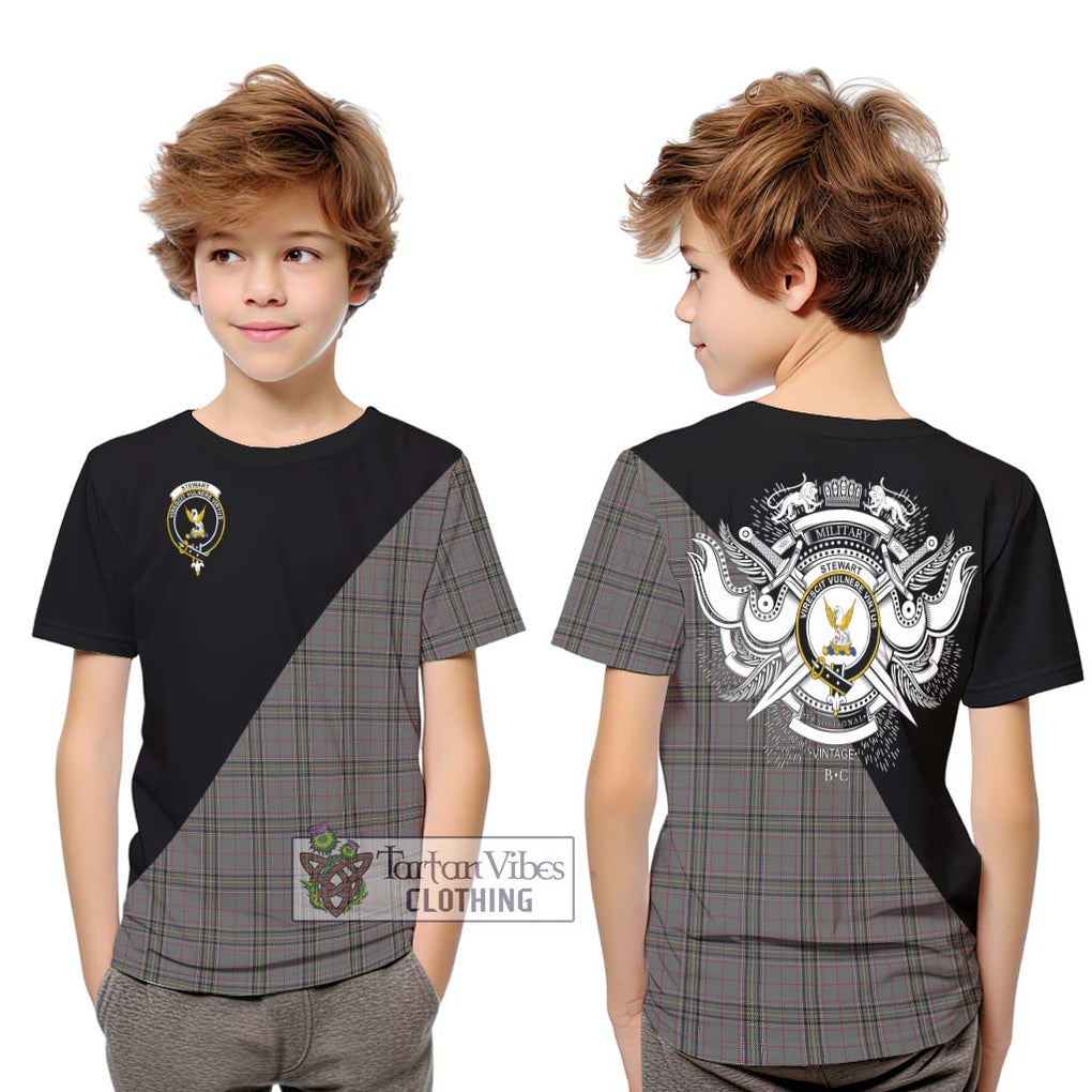 Stewart Grey Tartan Kid T-Shirt with Family Crest and Military Logo Style Youth XL Size14 - Tartanvibesclothing Shop