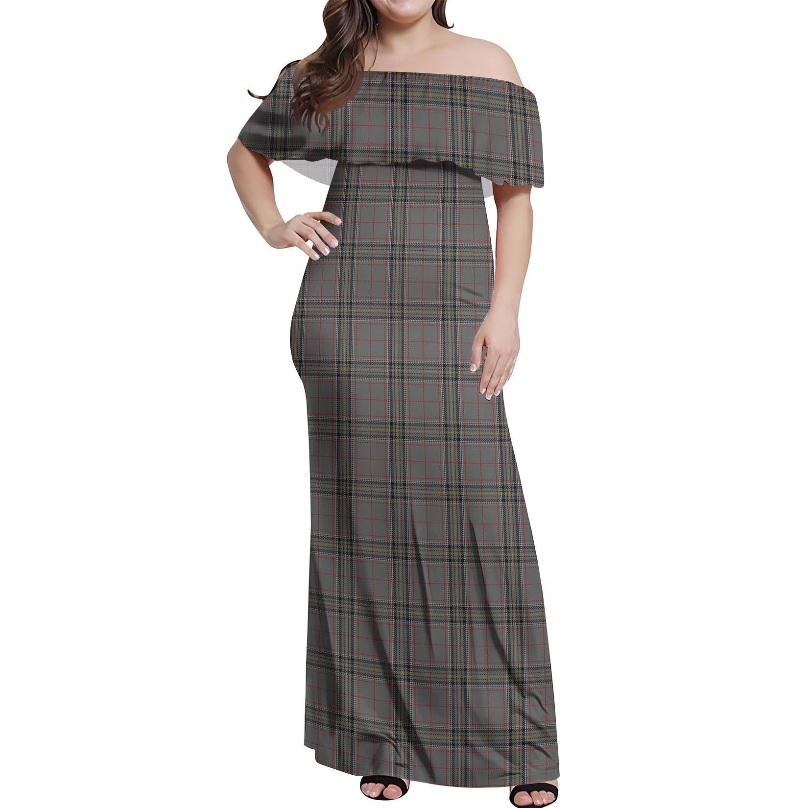 Stewart Grey Tartan Off Shoulder Long Dress Women's Dress - Tartanvibesclothing