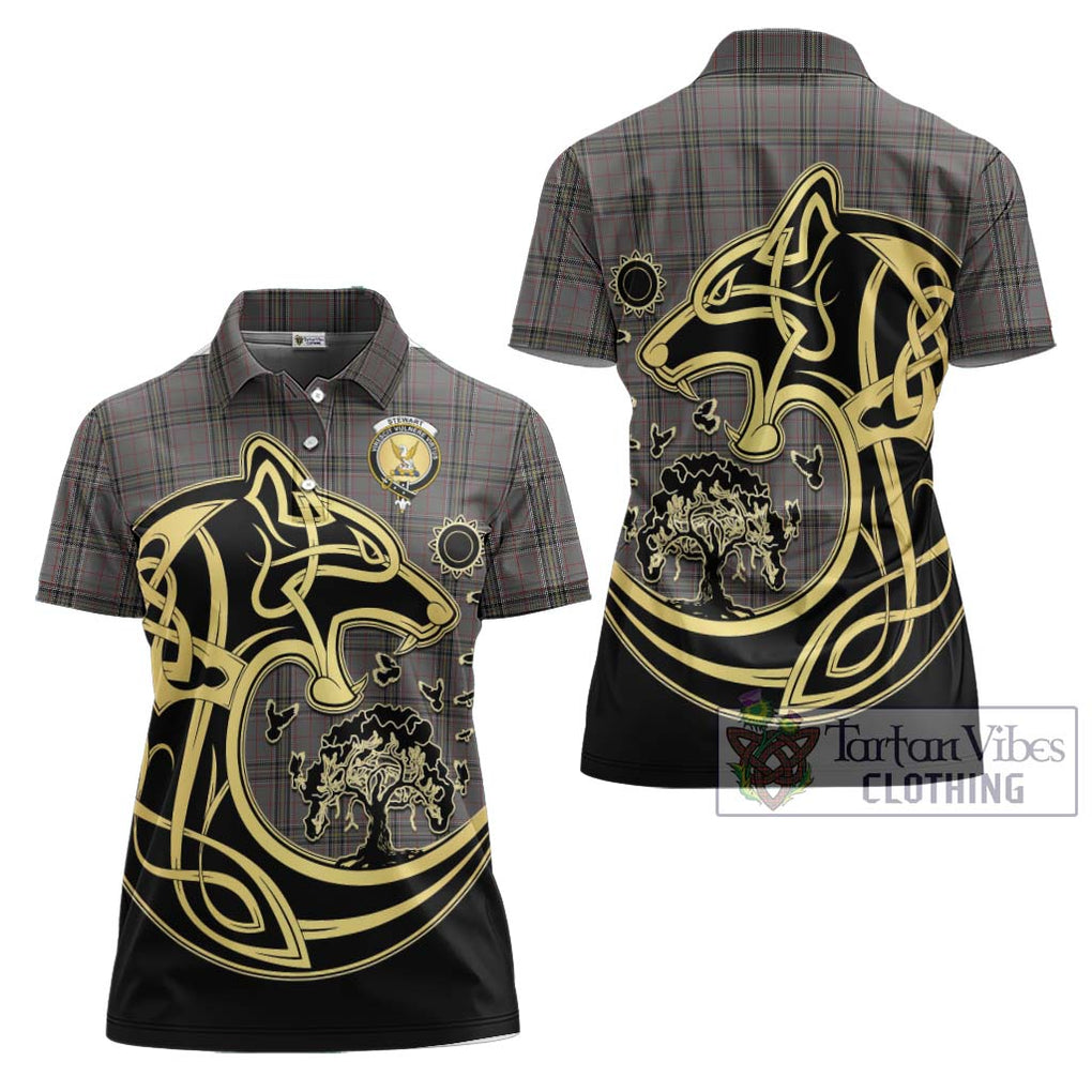 Stewart Grey Tartan Women's Polo Shirt with Family Crest Celtic Wolf Style Women - Tartanvibesclothing Shop