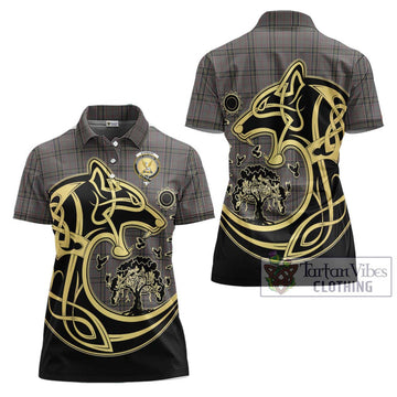 Stewart Grey Tartan Women's Polo Shirt with Family Crest Celtic Wolf Style