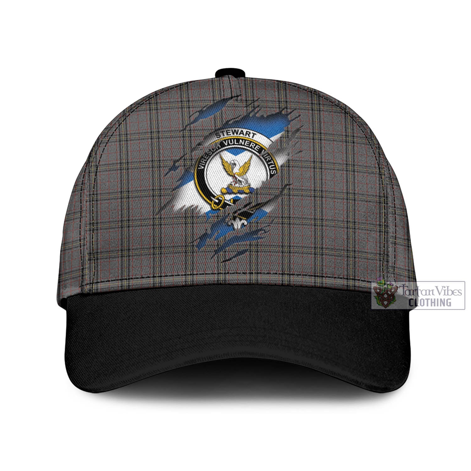 Tartan Vibes Clothing Stewart Grey Tartan Classic Cap with Family Crest In Me Style