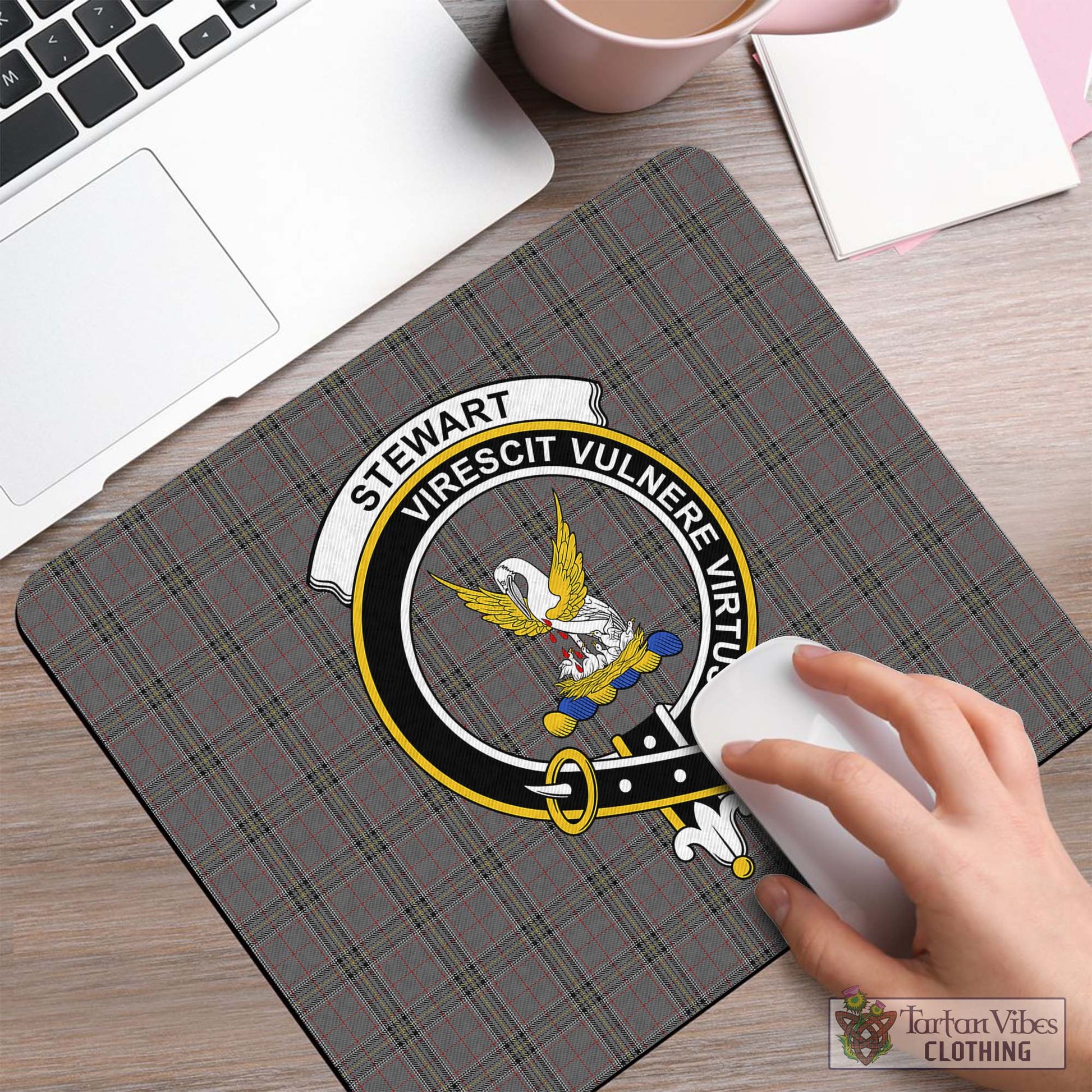 Tartan Vibes Clothing Stewart Grey Tartan Mouse Pad with Family Crest