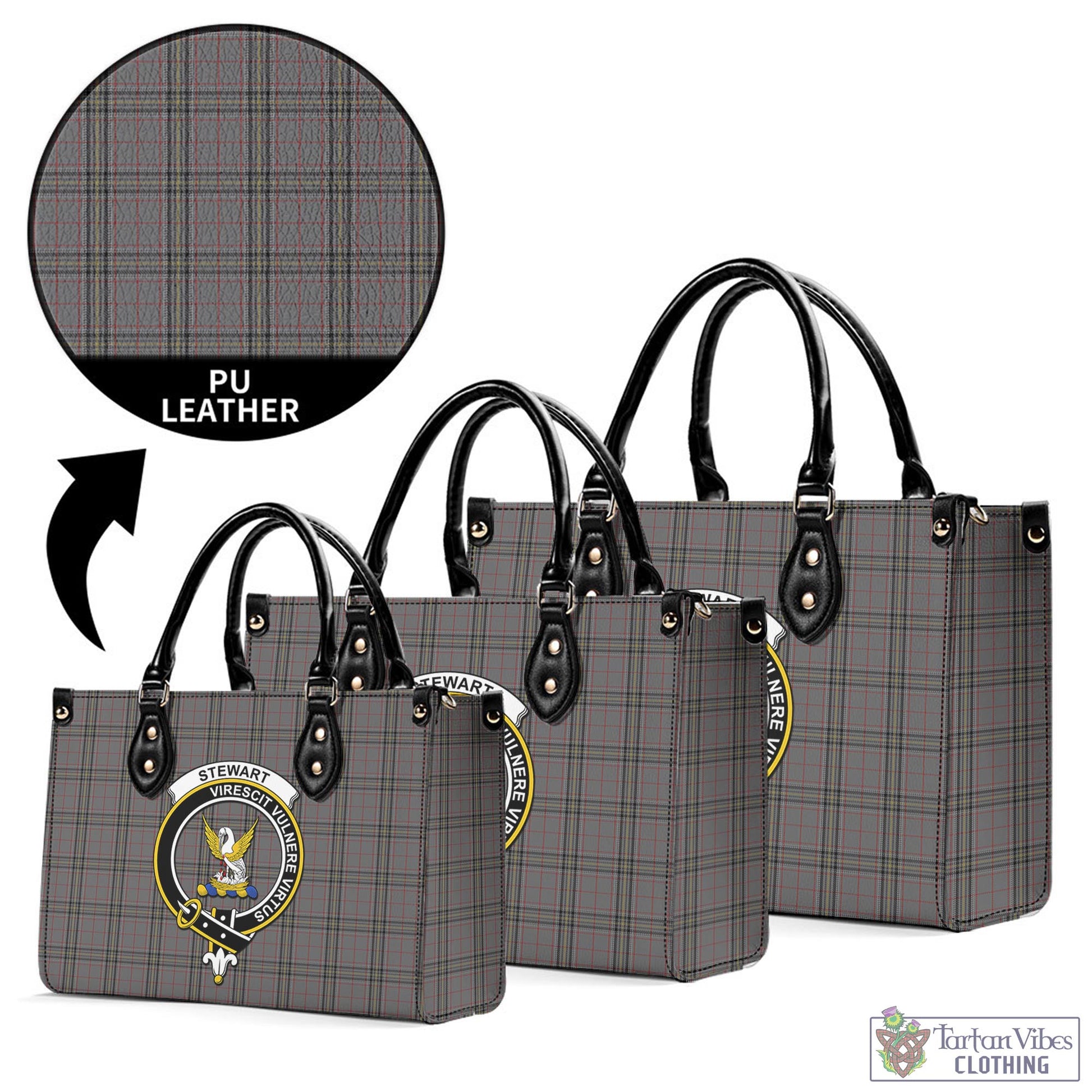 Tartan Vibes Clothing Stewart Grey Tartan Luxury Leather Handbags with Family Crest