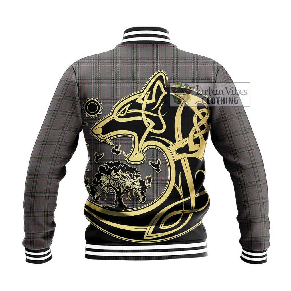 Stewart Grey Tartan Baseball Jacket with Family Crest Celtic Wolf Style - Tartan Vibes Clothing