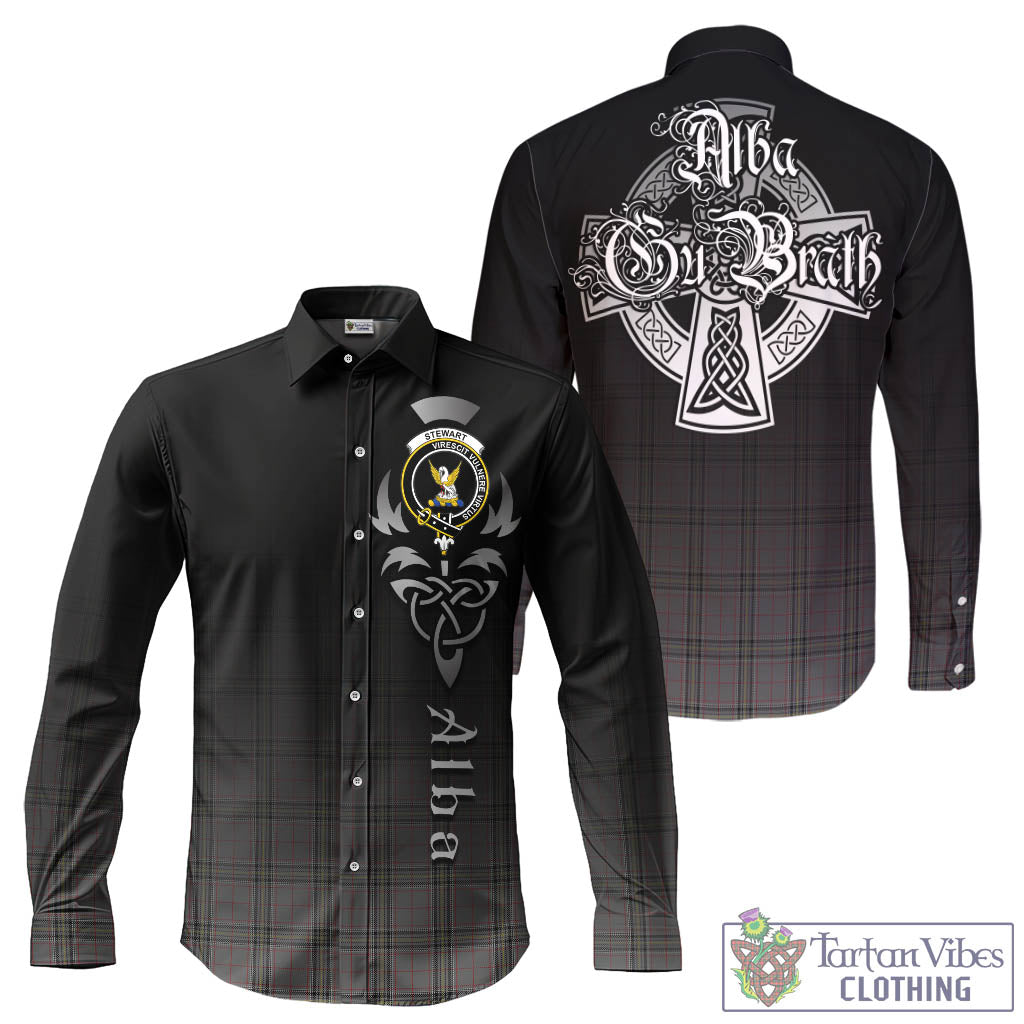 Tartan Vibes Clothing Stewart Grey Tartan Long Sleeve Button Up Featuring Alba Gu Brath Family Crest Celtic Inspired