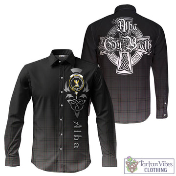 Stewart Grey Tartan Long Sleeve Button Up Featuring Alba Gu Brath Family Crest Celtic Inspired