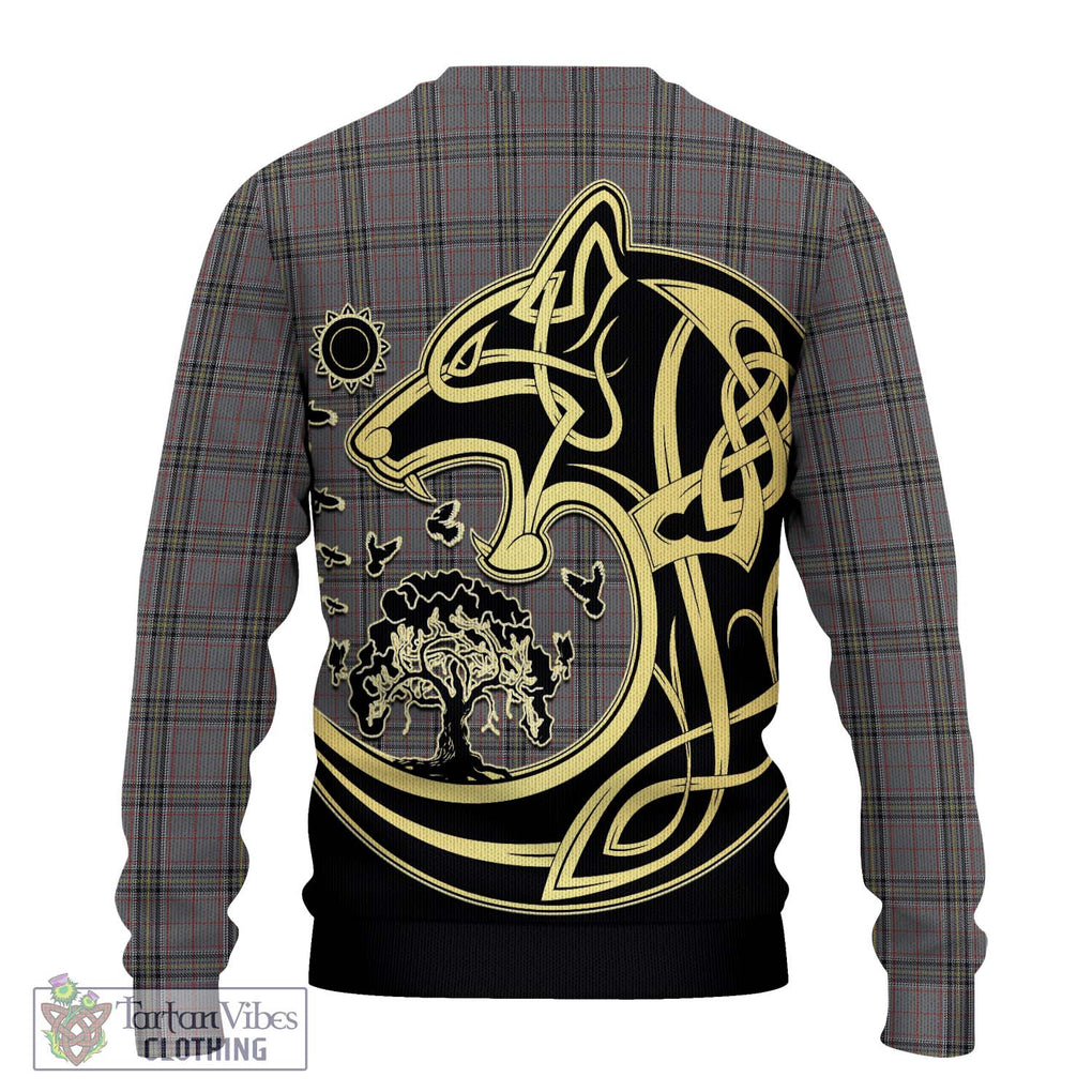 Stewart Grey Tartan Knitted Sweater with Family Crest Celtic Wolf Style - Tartan Vibes Clothing