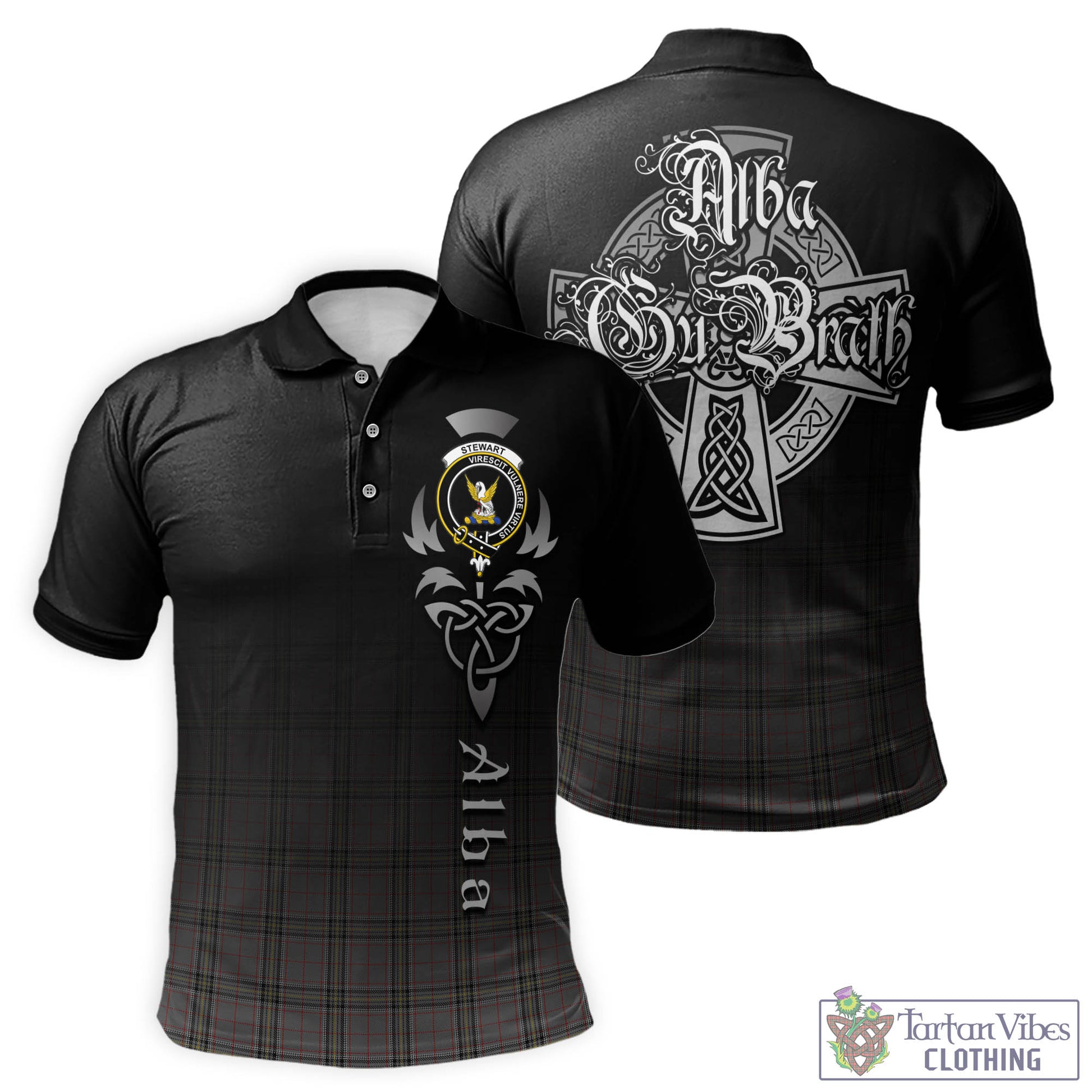 Tartan Vibes Clothing Stewart Grey Tartan Polo Shirt Featuring Alba Gu Brath Family Crest Celtic Inspired