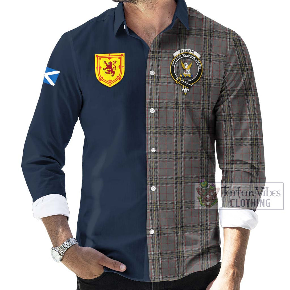 Tartan Vibes Clothing Stewart Grey Tartan Long Sleeve Button Shirt with Scottish Lion Royal Arm Half Style