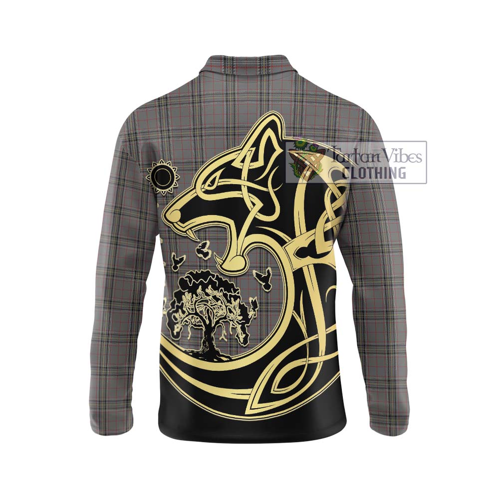 Stewart Grey Tartan Long Sleeve Polo Shirt with Family Crest Celtic Wolf Style - Tartanvibesclothing Shop