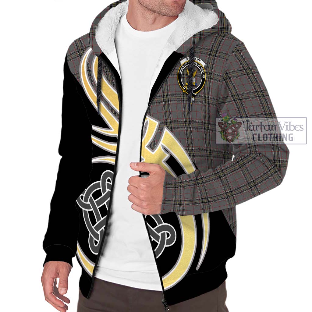 Stewart Grey Tartan Sherpa Hoodie with Family Crest and Celtic Symbol Style - Tartan Vibes Clothing