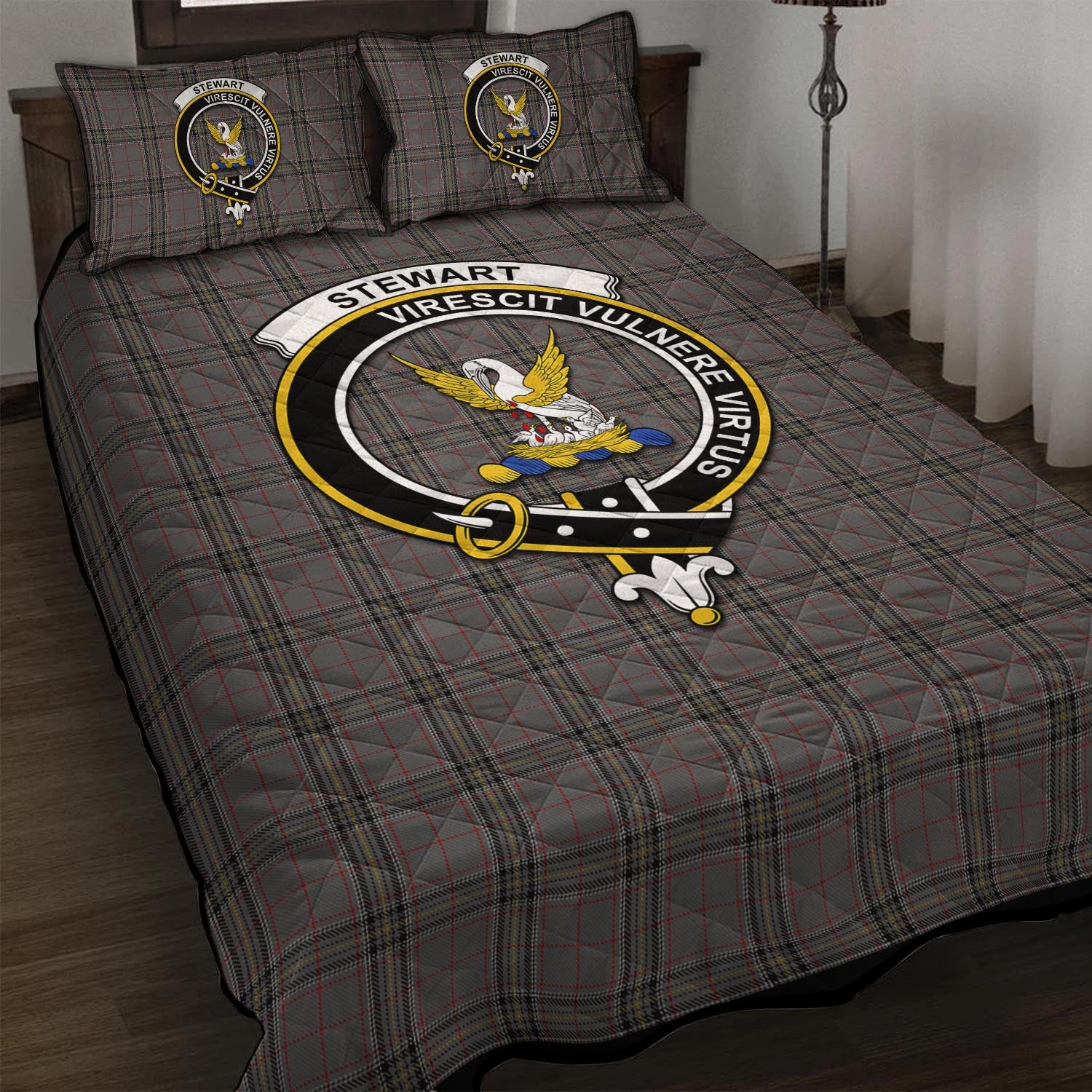 Stewart Grey Tartan Quilt Bed Set with Family Crest - Tartan Vibes Clothing