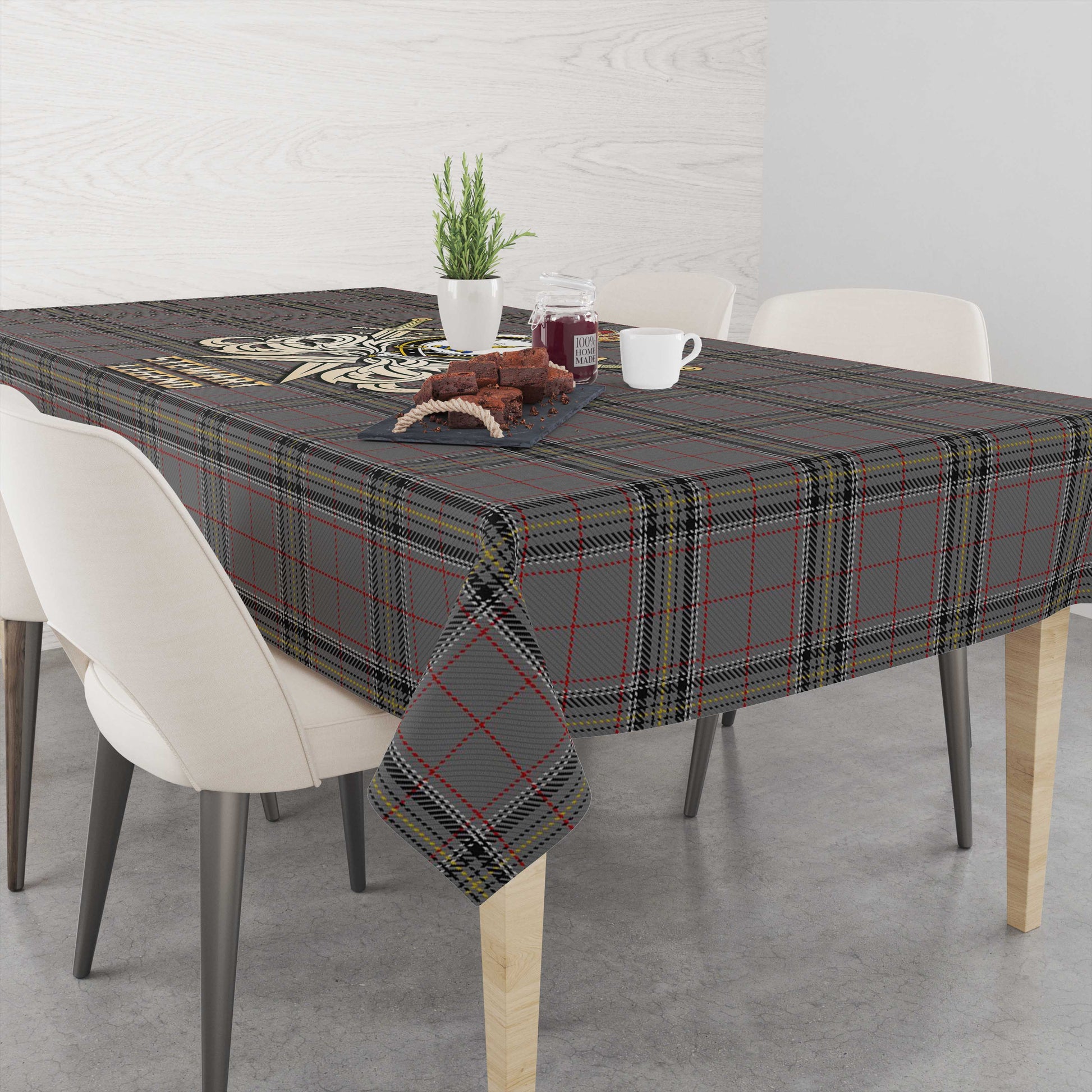 Tartan Vibes Clothing Stewart Grey Tartan Tablecloth with Clan Crest and the Golden Sword of Courageous Legacy