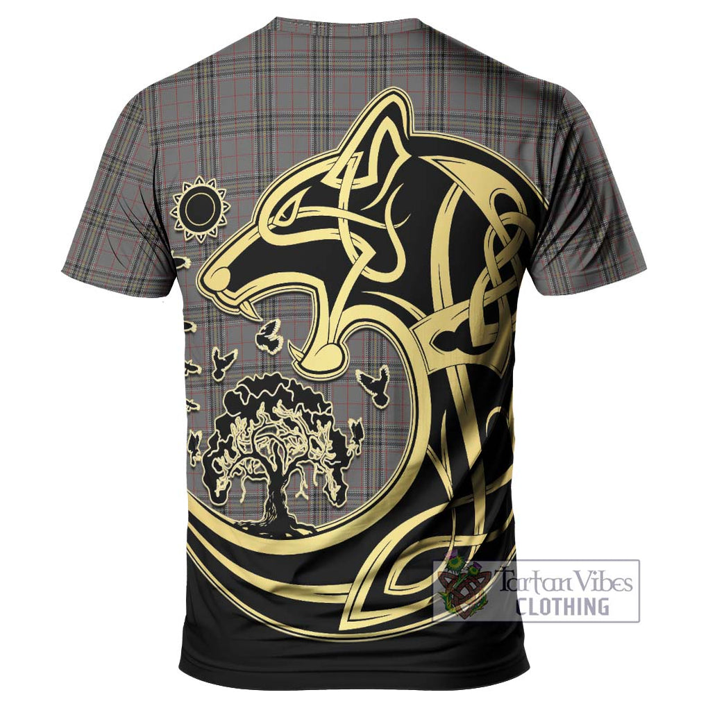 Stewart Grey Tartan T-Shirt with Family Crest Celtic Wolf Style - Tartan Vibes Clothing