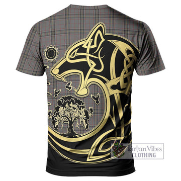 Stewart Grey Tartan T-Shirt with Family Crest Celtic Wolf Style