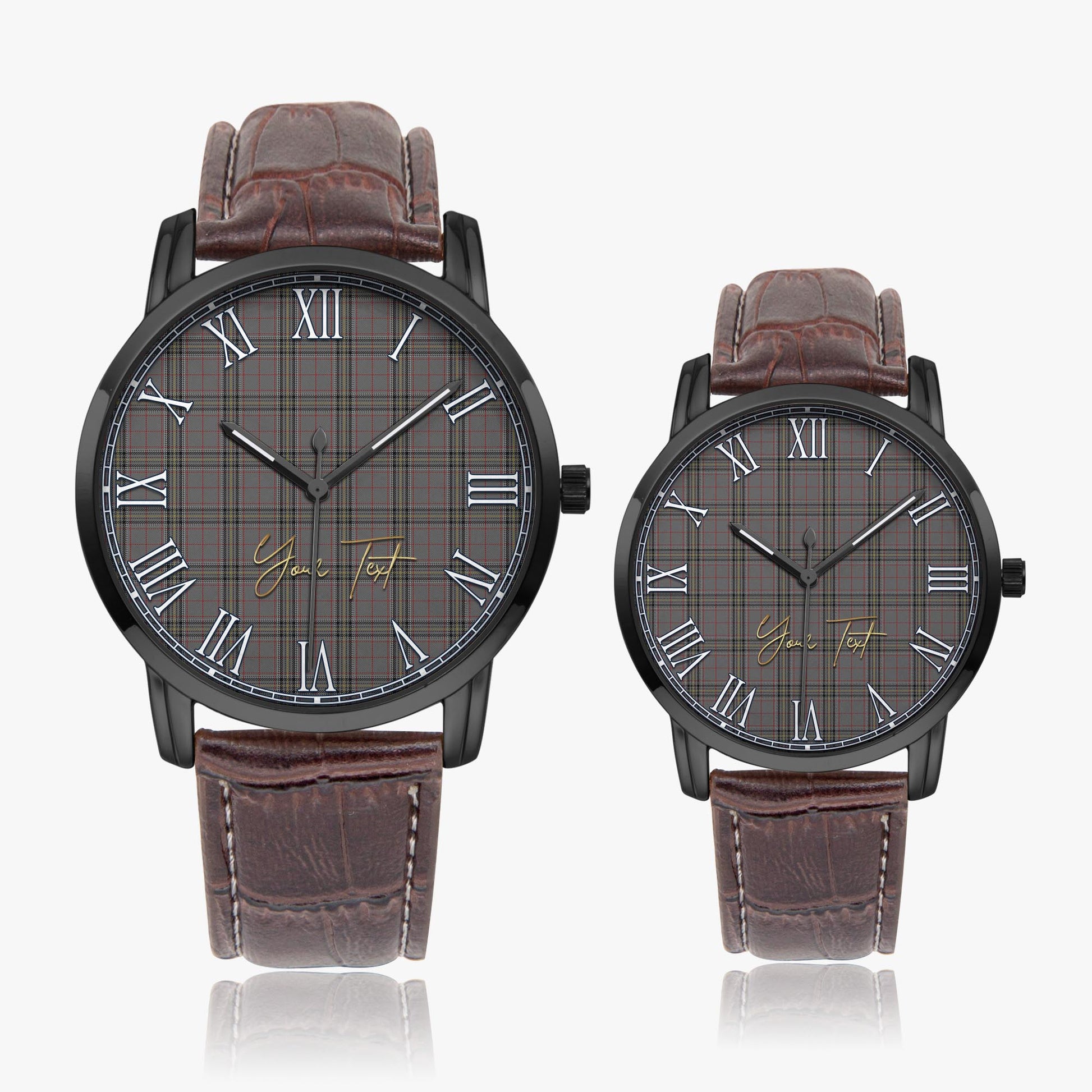 Stewart Grey Tartan Personalized Your Text Leather Trap Quartz Watch Wide Type Black Case With Brown Leather Strap - Tartanvibesclothing Shop