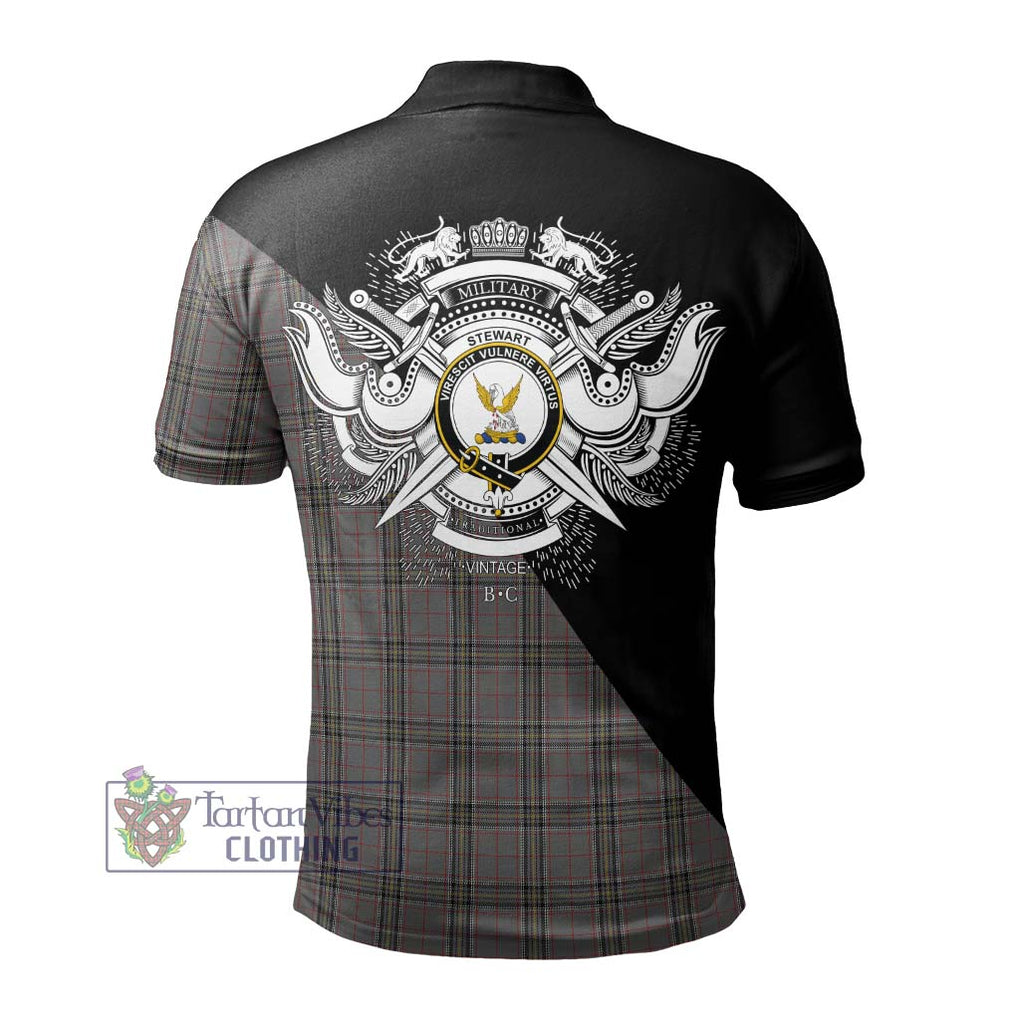 Stewart Grey Tartan Polo Shirt with Family Crest and Military Logo Style - Tartanvibesclothing Shop