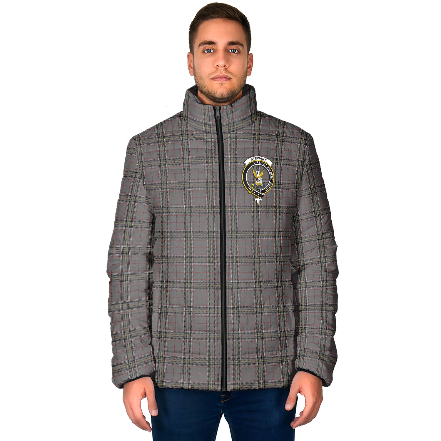 Stewart Grey Tartan Padded Jacket with Family Crest - Tartan Vibes Clothing