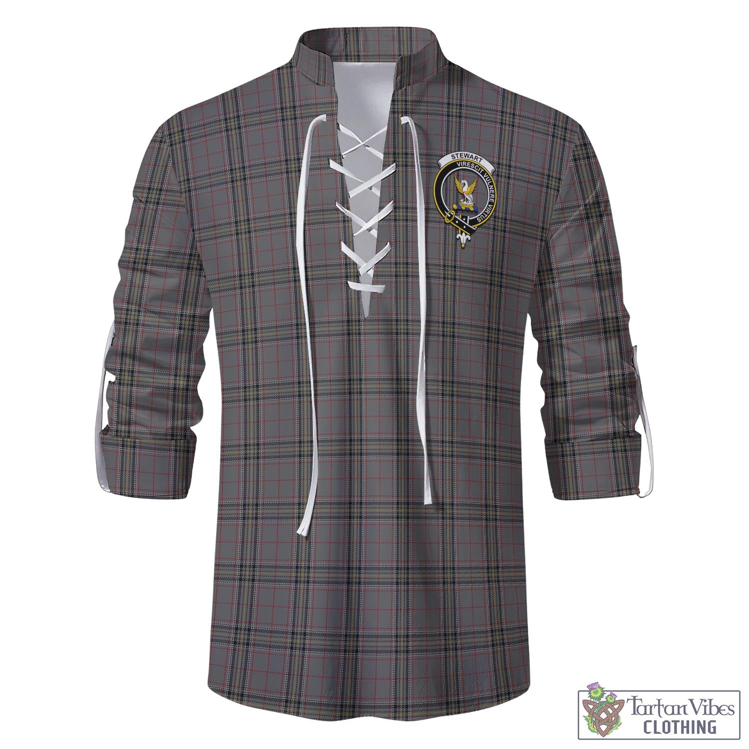 Tartan Vibes Clothing Stewart Grey Tartan Men's Scottish Traditional Jacobite Ghillie Kilt Shirt with Family Crest