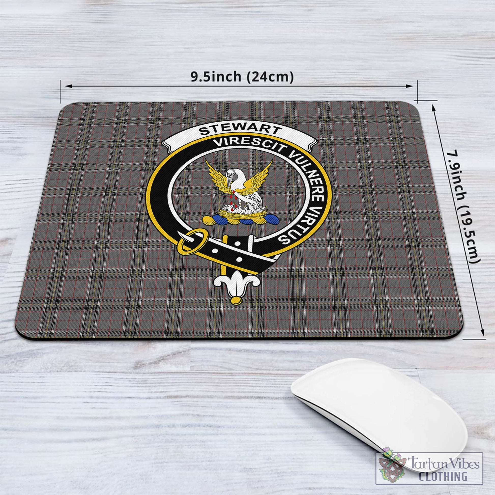 Tartan Vibes Clothing Stewart Grey Tartan Mouse Pad with Family Crest