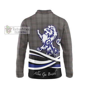 Stewart Grey Tartan Long Sleeve Polo Shirt with Alba Gu Brath Regal Lion Emblem