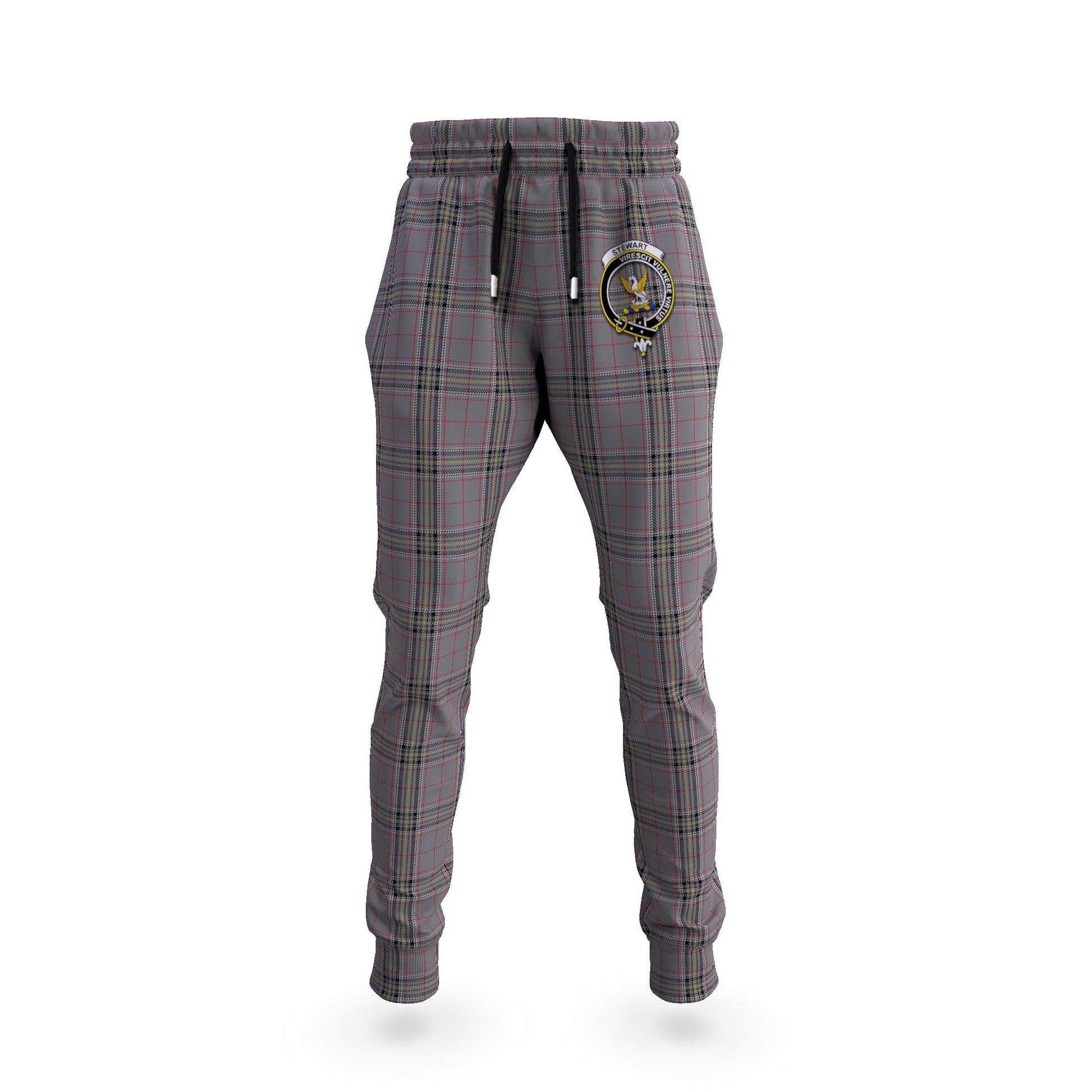 Stewart Grey Tartan Joggers Pants with Family Crest 5XL - Tartan Vibes Clothing