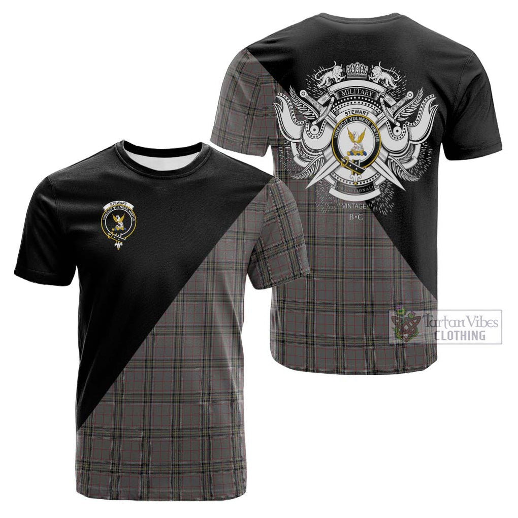 Tartan Vibes Clothing Stewart Grey Tartan Cotton T-shirt with Family Crest and Military Logo Style