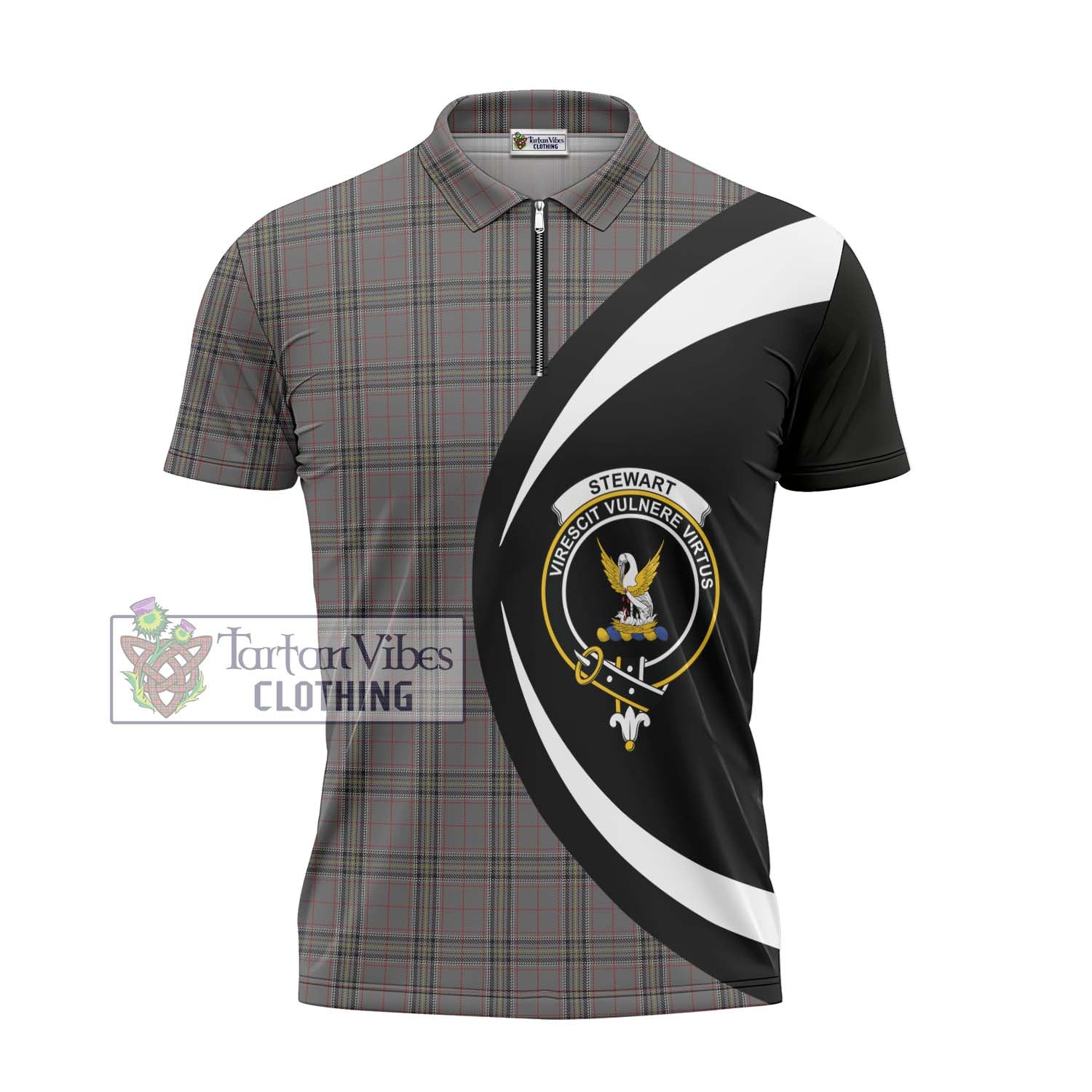 Stewart Grey Tartan Zipper Polo Shirt with Family Crest Circle Style - Tartan Vibes Clothing