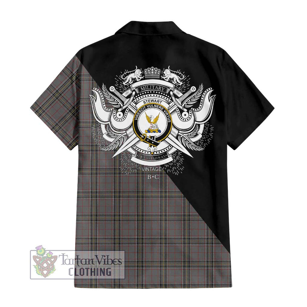 Stewart Grey Tartan Short Sleeve Button Shirt with Family Crest and Military Logo Style - Tartanvibesclothing Shop