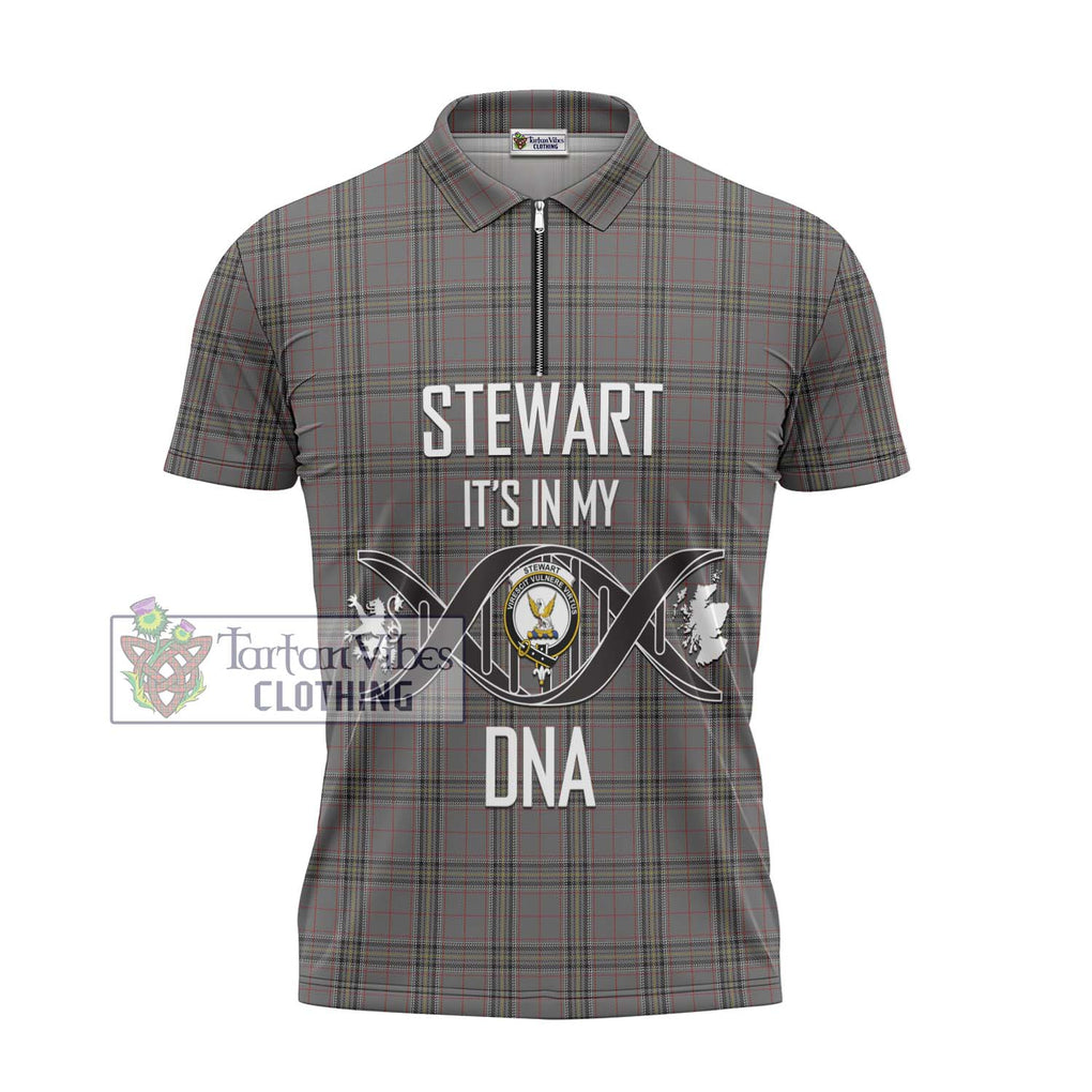 Stewart Grey Tartan Zipper Polo Shirt with Family Crest DNA In Me Style - Tartanvibesclothing Shop