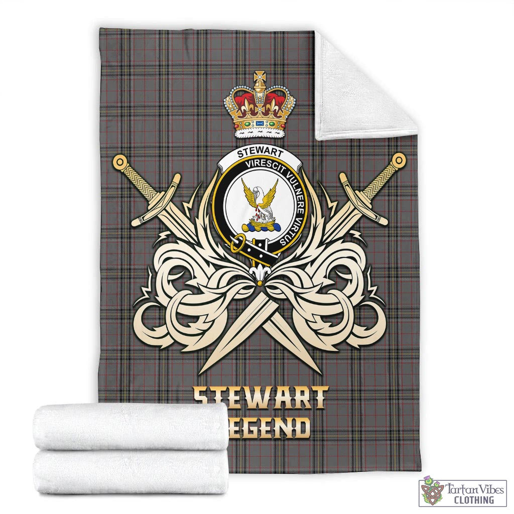 Tartan Vibes Clothing Stewart Grey Tartan Blanket with Clan Crest and the Golden Sword of Courageous Legacy