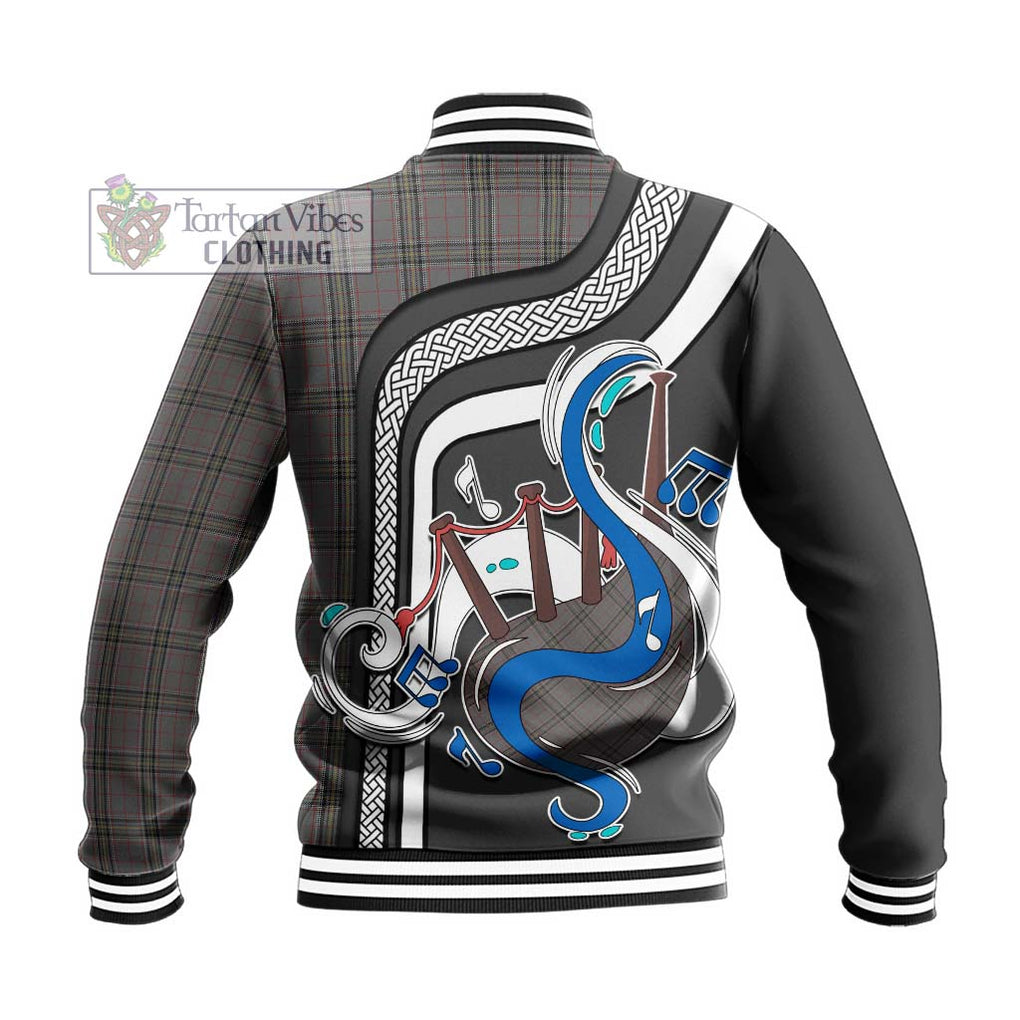 Tartan Vibes Clothing Stewart Grey Tartan Baseball Jacket with Epic Bagpipe Style