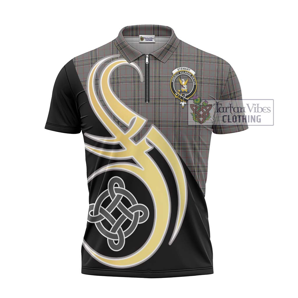 Tartan Vibes Clothing Stewart Grey Tartan Zipper Polo Shirt with Family Crest and Celtic Symbol Style