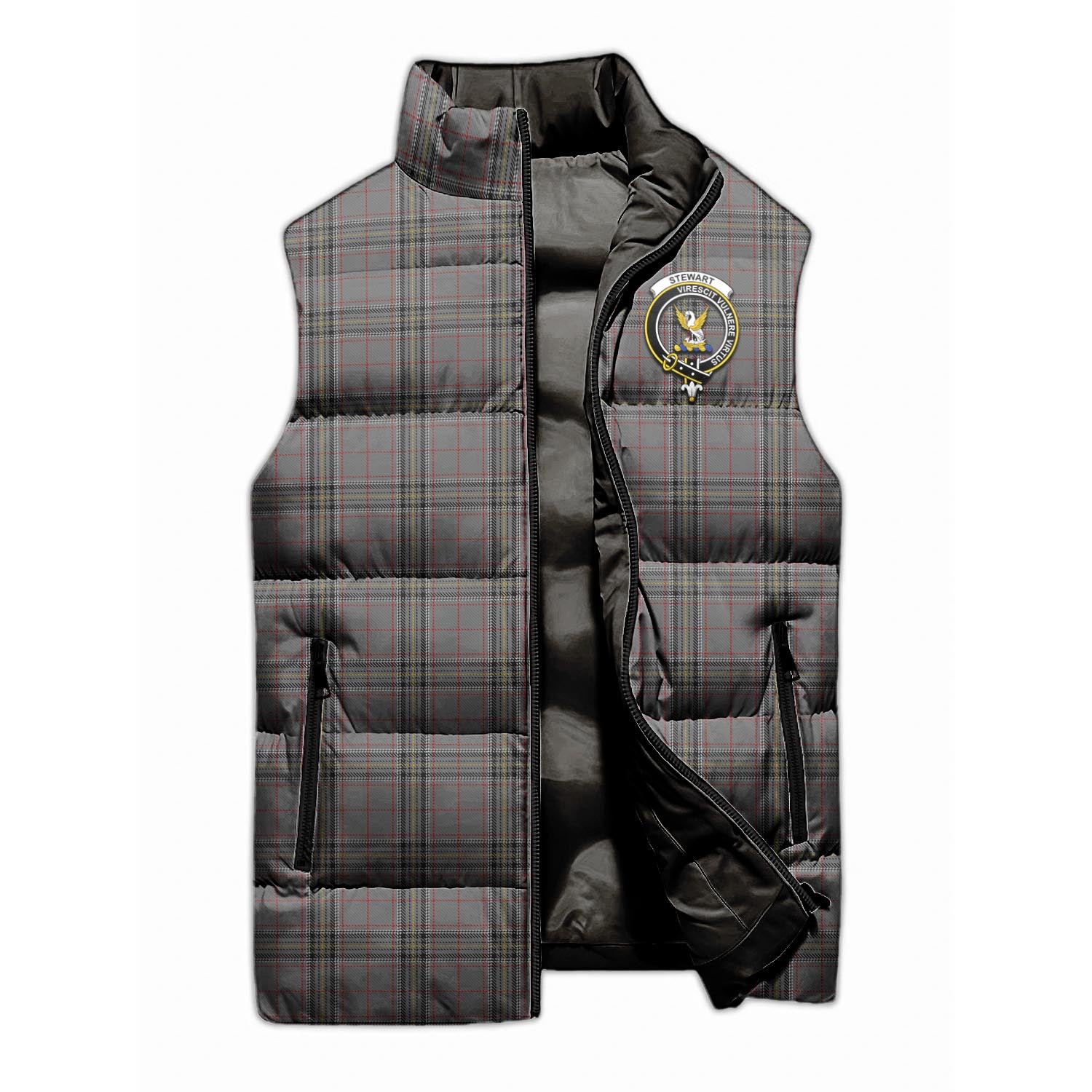 Stewart Grey Tartan Sleeveless Puffer Jacket with Family Crest - Tartanvibesclothing