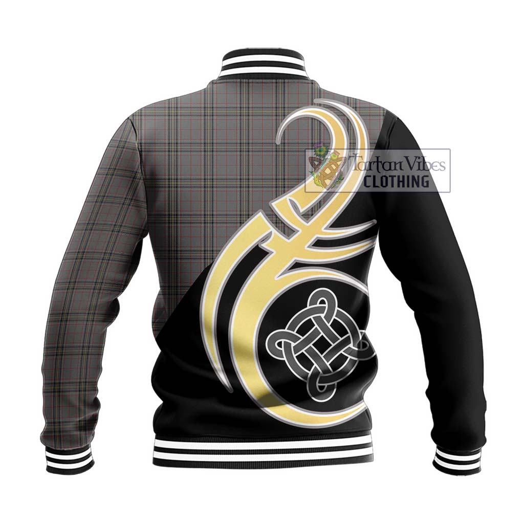 Stewart Grey Tartan Baseball Jacket with Family Crest and Celtic Symbol Style - Tartan Vibes Clothing