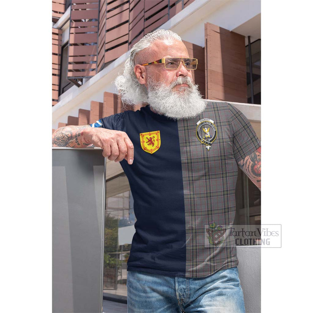 Tartan Vibes Clothing Stewart Grey Tartan Cotton T-shirt with Scottish Lion Royal Arm Half Style