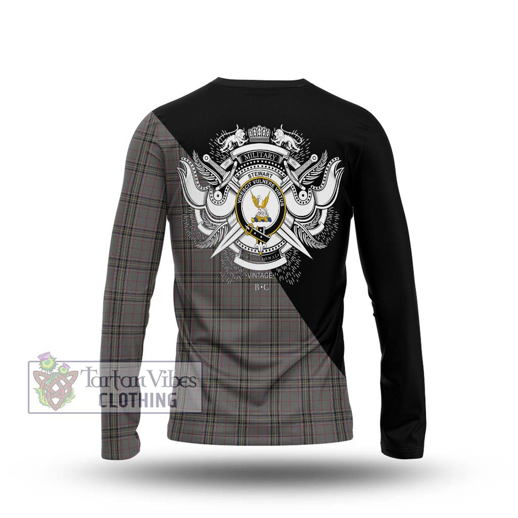 Stewart Grey Tartan Long Sleeve T-Shirt with Family Crest and Military Logo Style - Tartanvibesclothing Shop