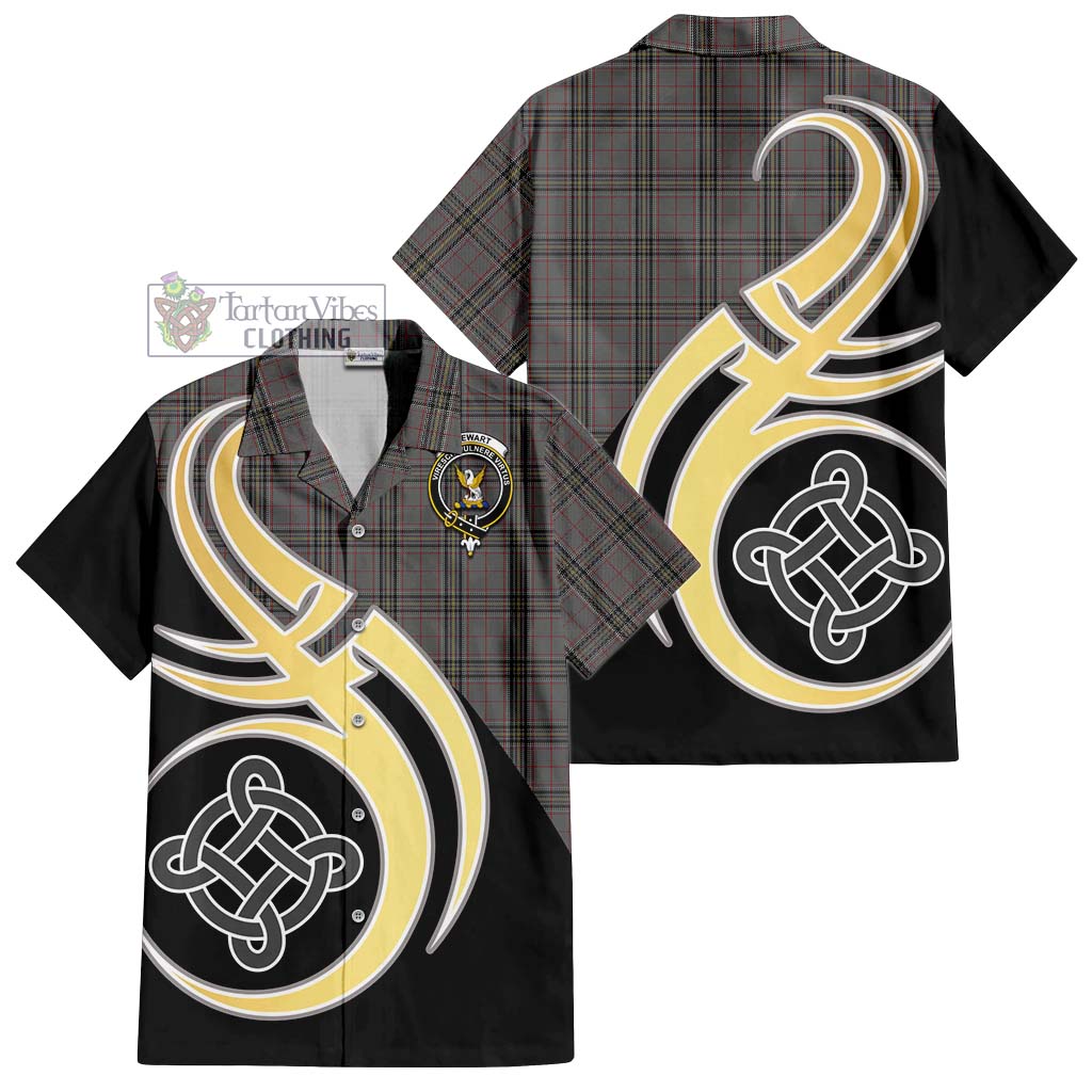 Stewart Grey Tartan Short Sleeve Button Shirt with Family Crest and Celtic Symbol Style - Tartan Vibes Clothing