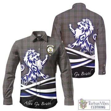 Stewart Grey Tartan Long Sleeve Button Up Shirt with Alba Gu Brath Regal Lion Emblem