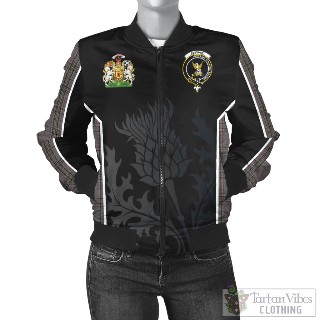 Tartan Vibes Clothing Stewart Grey Tartan Bomber Jacket with Family Crest and Scottish Thistle Vibes Sport Style