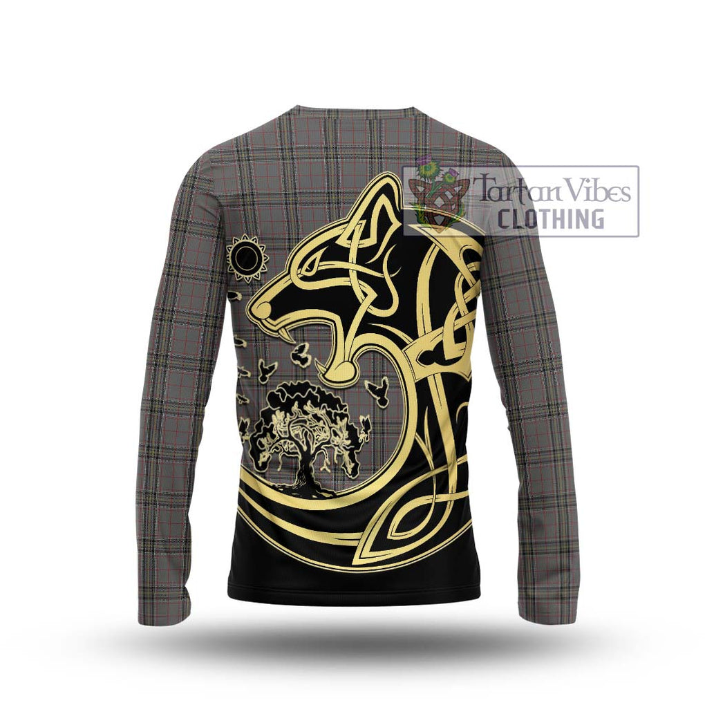 Stewart Grey Tartan Long Sleeve T-Shirt with Family Crest Celtic Wolf Style - Tartan Vibes Clothing