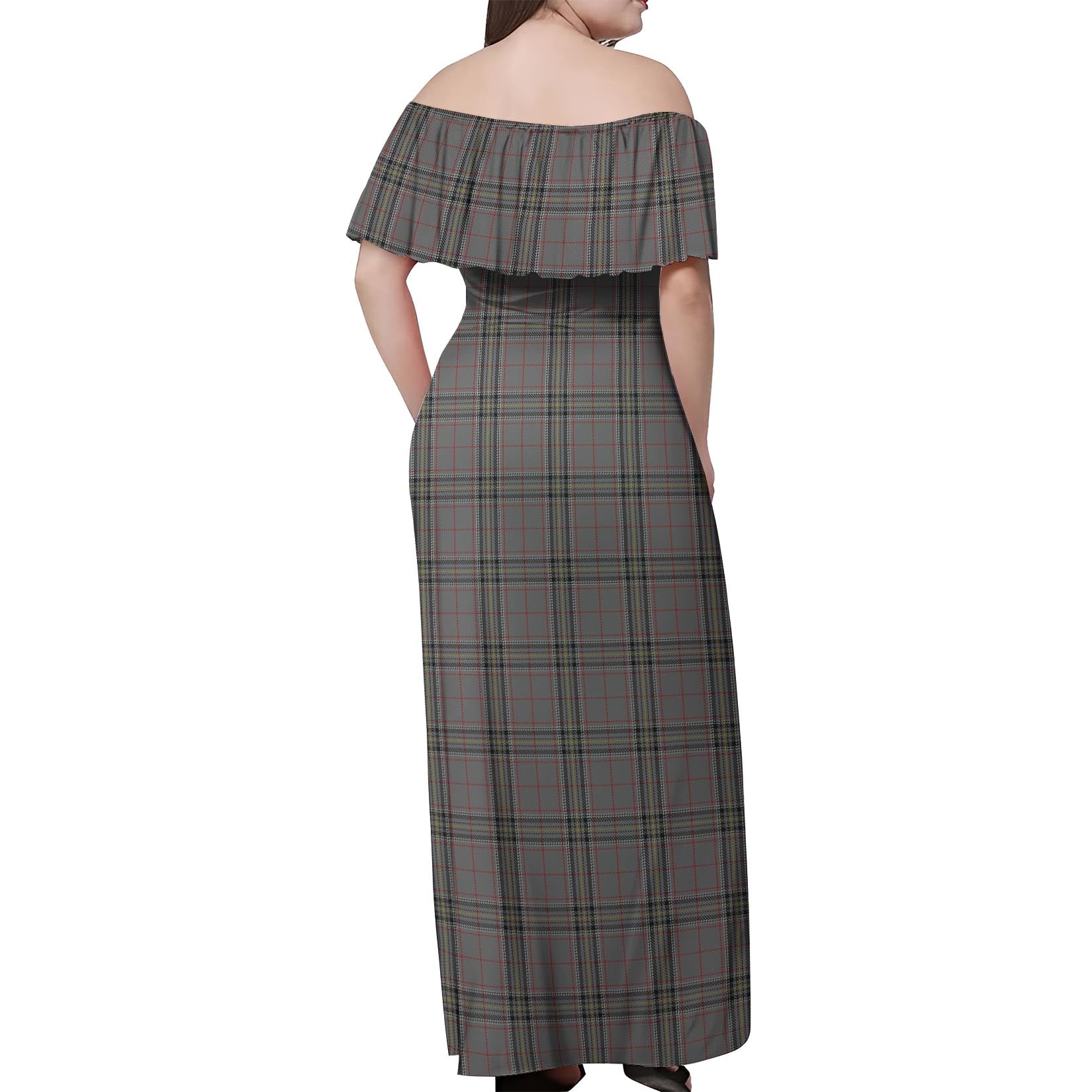 Stewart Grey Tartan Off Shoulder Long Dress - Tartanvibesclothing