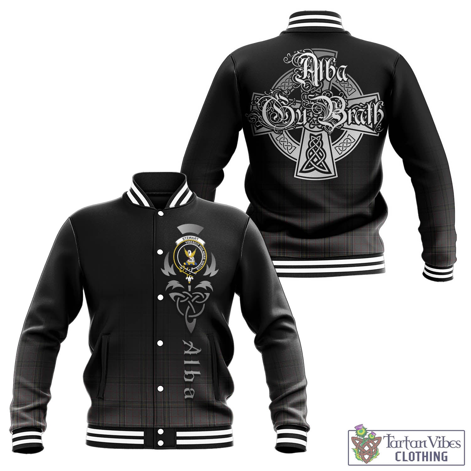 Tartan Vibes Clothing Stewart Grey Tartan Baseball Jacket Featuring Alba Gu Brath Family Crest Celtic Inspired