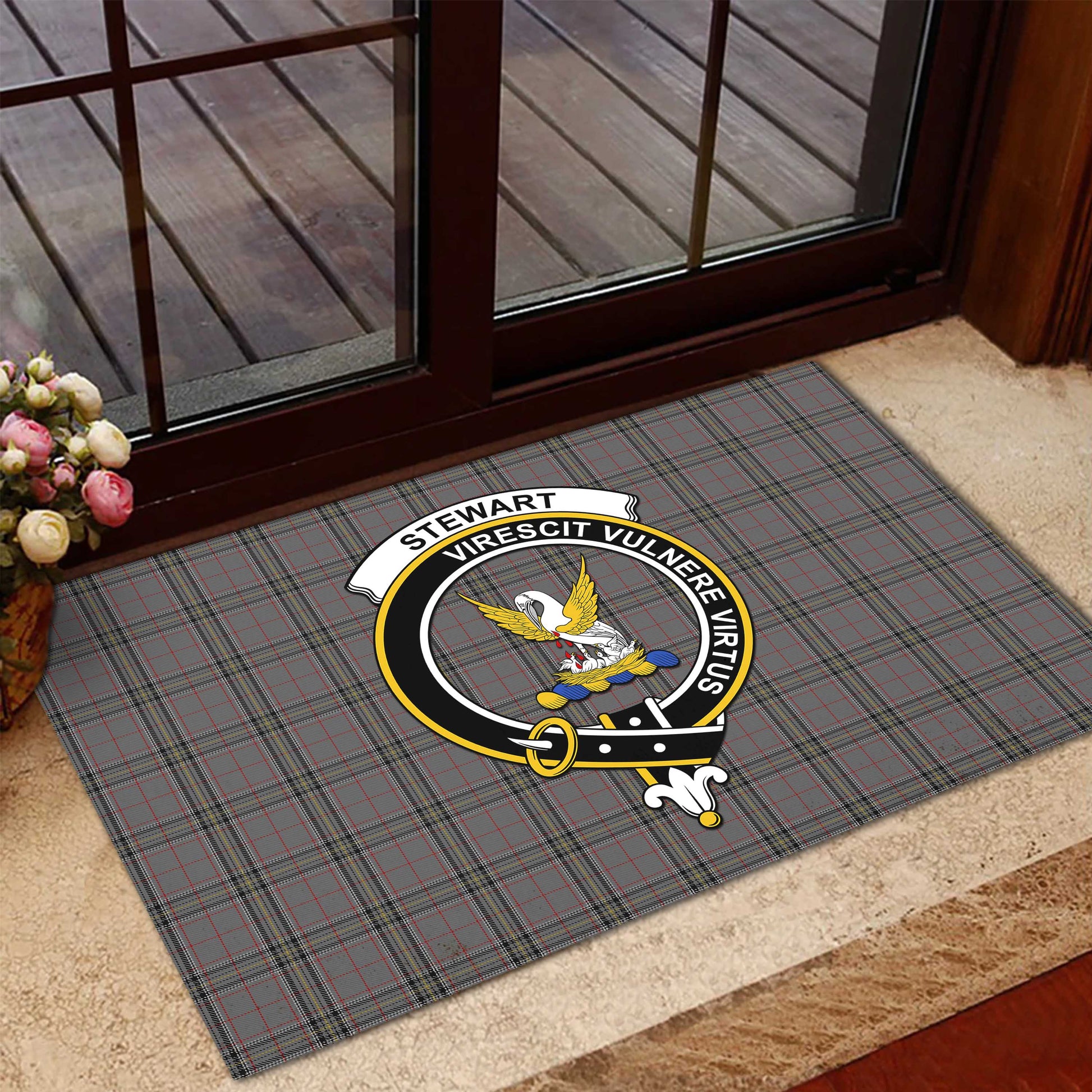 Stewart Grey Tartan Door Mat with Family Crest - Tartanvibesclothing Shop