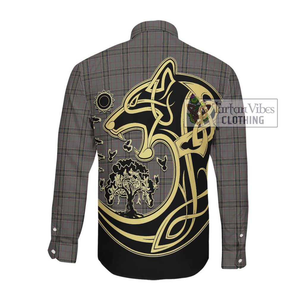 Stewart Grey Tartan Long Sleeve Button Shirt with Family Crest Celtic Wolf Style Men's Shirt - Tartan Vibes Clothing