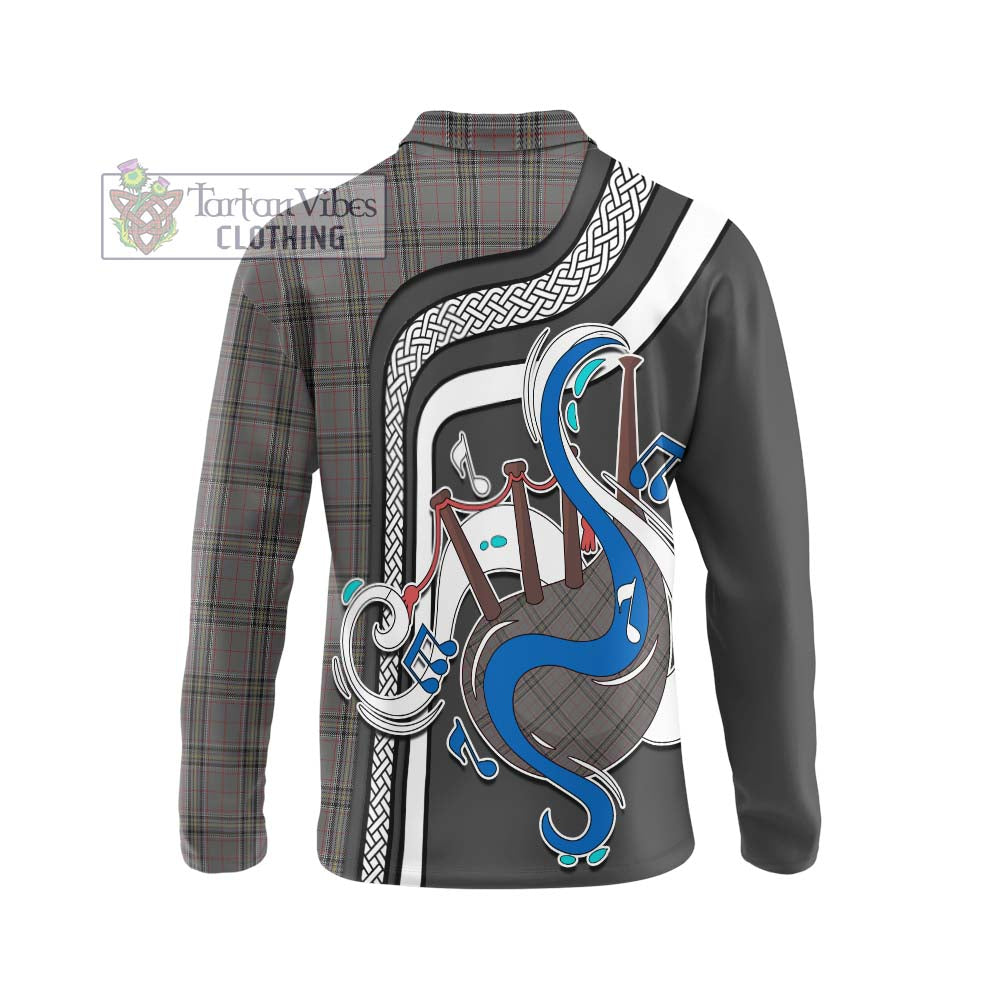 Tartan Vibes Clothing Stewart Grey Tartan Long Sleeve Polo Shirt with Epic Bagpipe Style