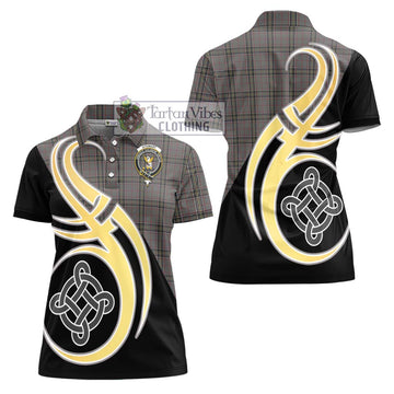 Stewart Grey Tartan Women's Polo Shirt with Family Crest and Celtic Symbol Style