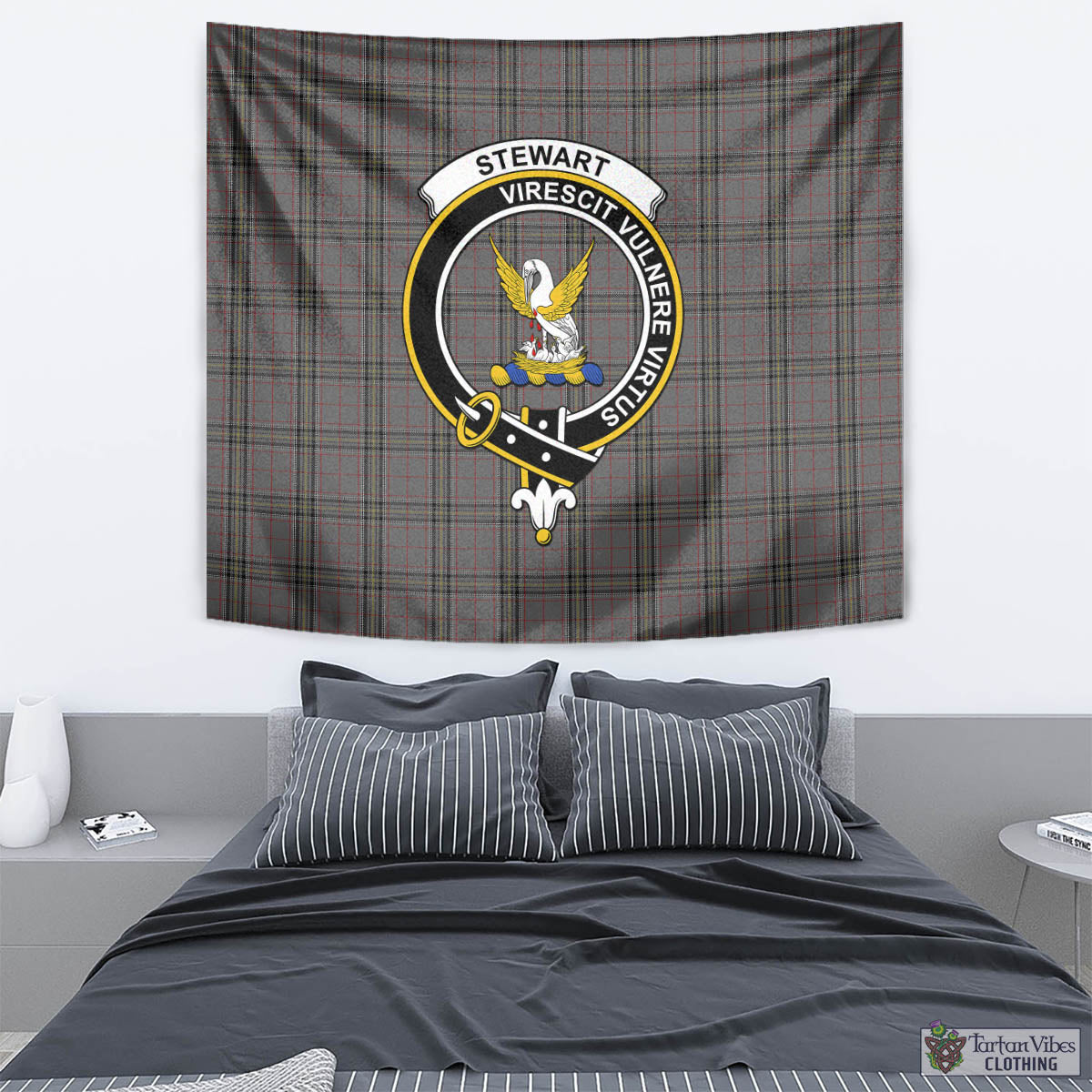 Tartan Vibes Clothing Stewart Grey Tartan Tapestry Wall Hanging and Home Decor for Room with Family Crest