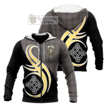 Stewart Grey Tartan Knitted Hoodie with Family Crest and Celtic Symbol Style