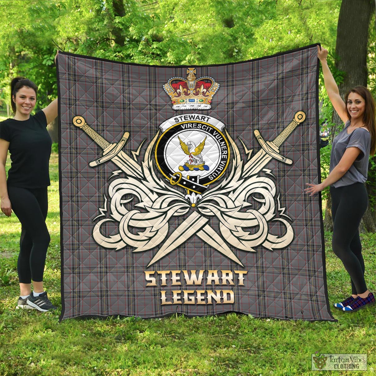 Tartan Vibes Clothing Stewart Grey Tartan Quilt with Clan Crest and the Golden Sword of Courageous Legacy